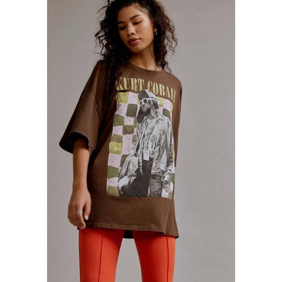 DAYDREAMER Women's Chocolate Brown Kurt Cobain Checkered Top T-Shirt One Size - Picture 1 of 9